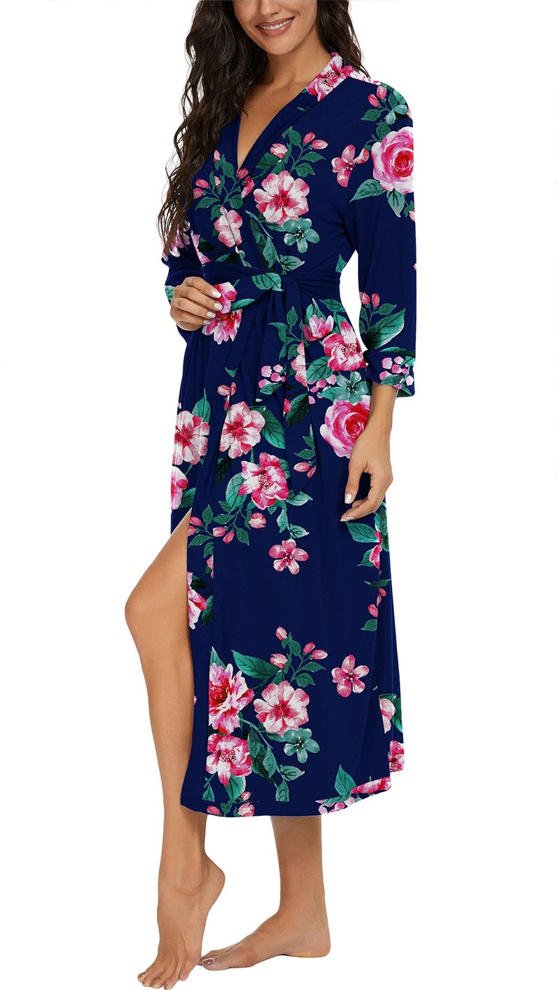 VINTATRE Women Kimono Robes Long Knit Bathrobe Lightweight Soft Knit Sleepwear V-neck Casual Ladies Loungewear FP-Navy Blue-Medium - Image 4